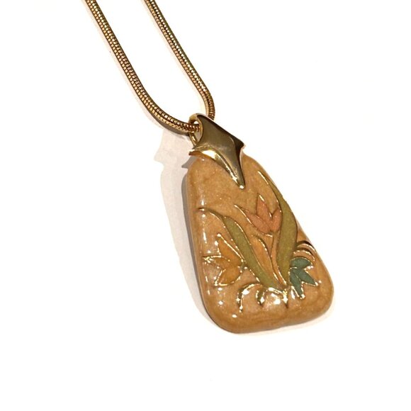 VINTAGE GOLD SNAKE CHAIN TULIP CLOISONNE ENAMEL FLOWER PENDANT 24" NECKLACE EUC - Picture 2 of 11